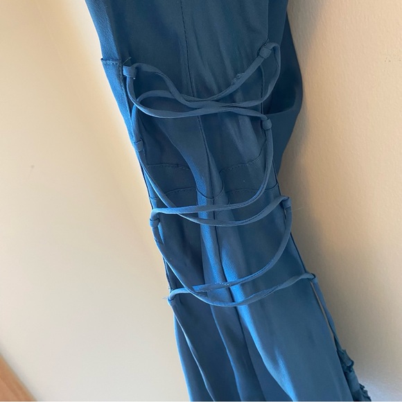 LIA KES 100% Silk Dress Navy Blue Midi Tassel Boatneck Side Tie - Picture 6 of 9